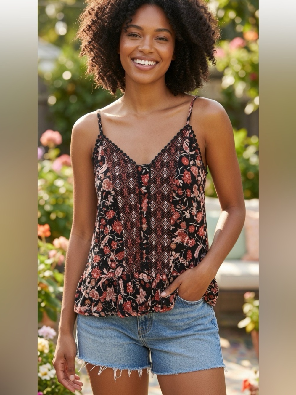 Black Floral Spaghetti Strap Camisole Pink Coral Size XS Boho